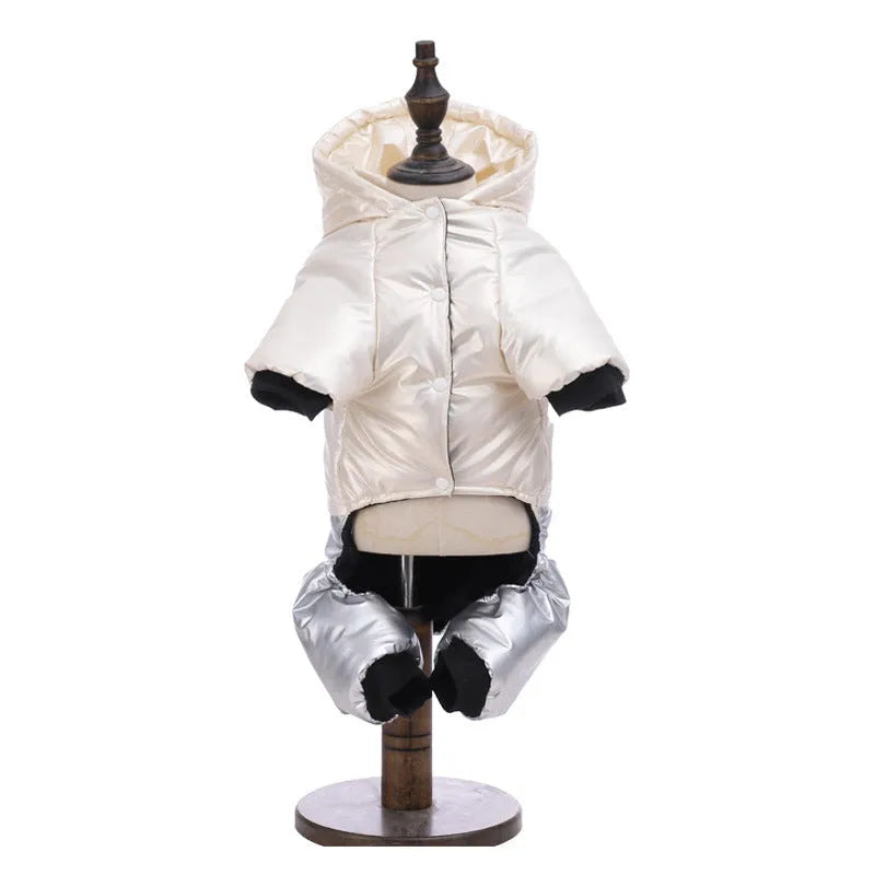 Green waterproof dog winter coat with four-legged design on medium-sized dog