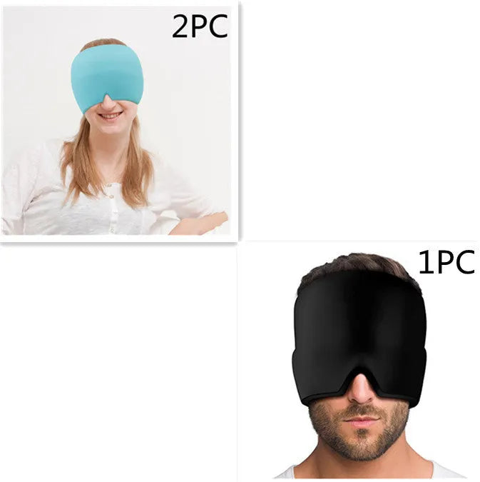 Black reusable gel ice mask for eyes and forehead on a white background