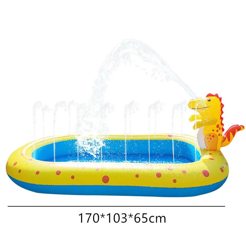 Blue dinosaur water spray pool mat with shark graphics measuring 170x105cm