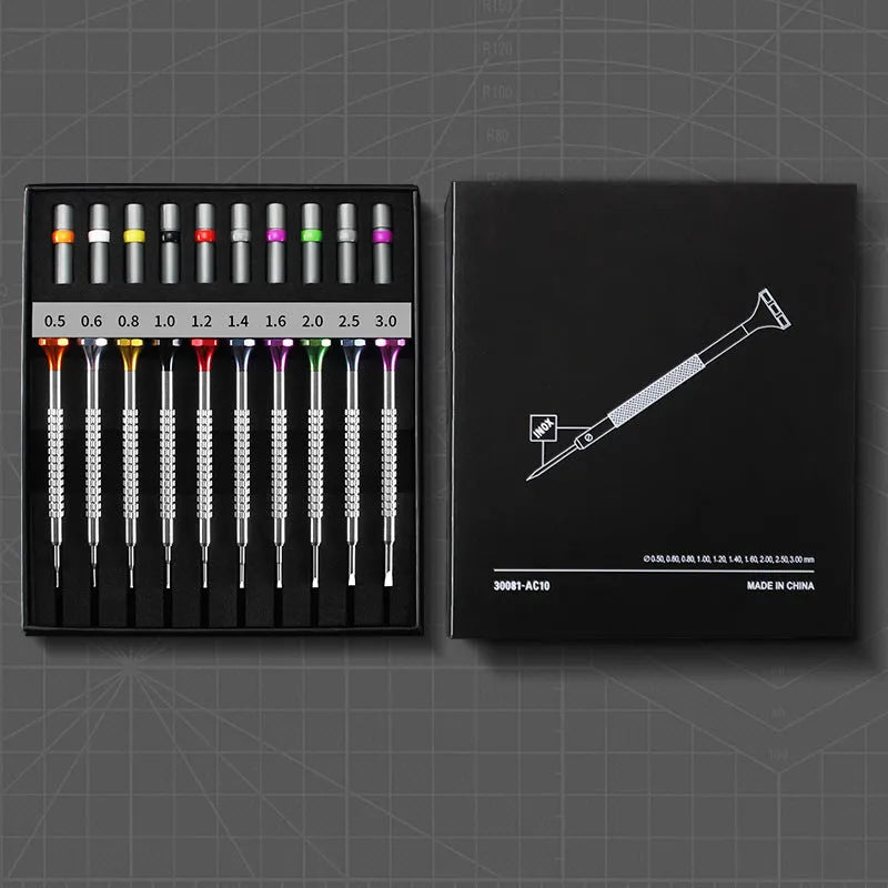 Ten-piece manual screwdriver repair set with twenty spare bits for watch and glasses maintenance