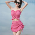 Women's milk silk bikini swimsuit in solid black, pitaya red, or yellow, showing top and pants.