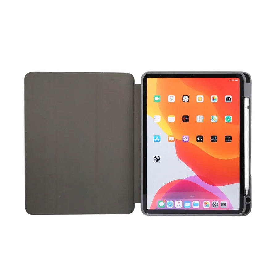 Tri-fold marbling imitation leather iPad case with a stylus pen slot in dark grey