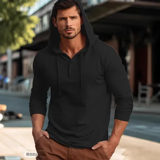 Men's dark blue cotton pullover hoodie with a hood and long sleeves on a hanger.