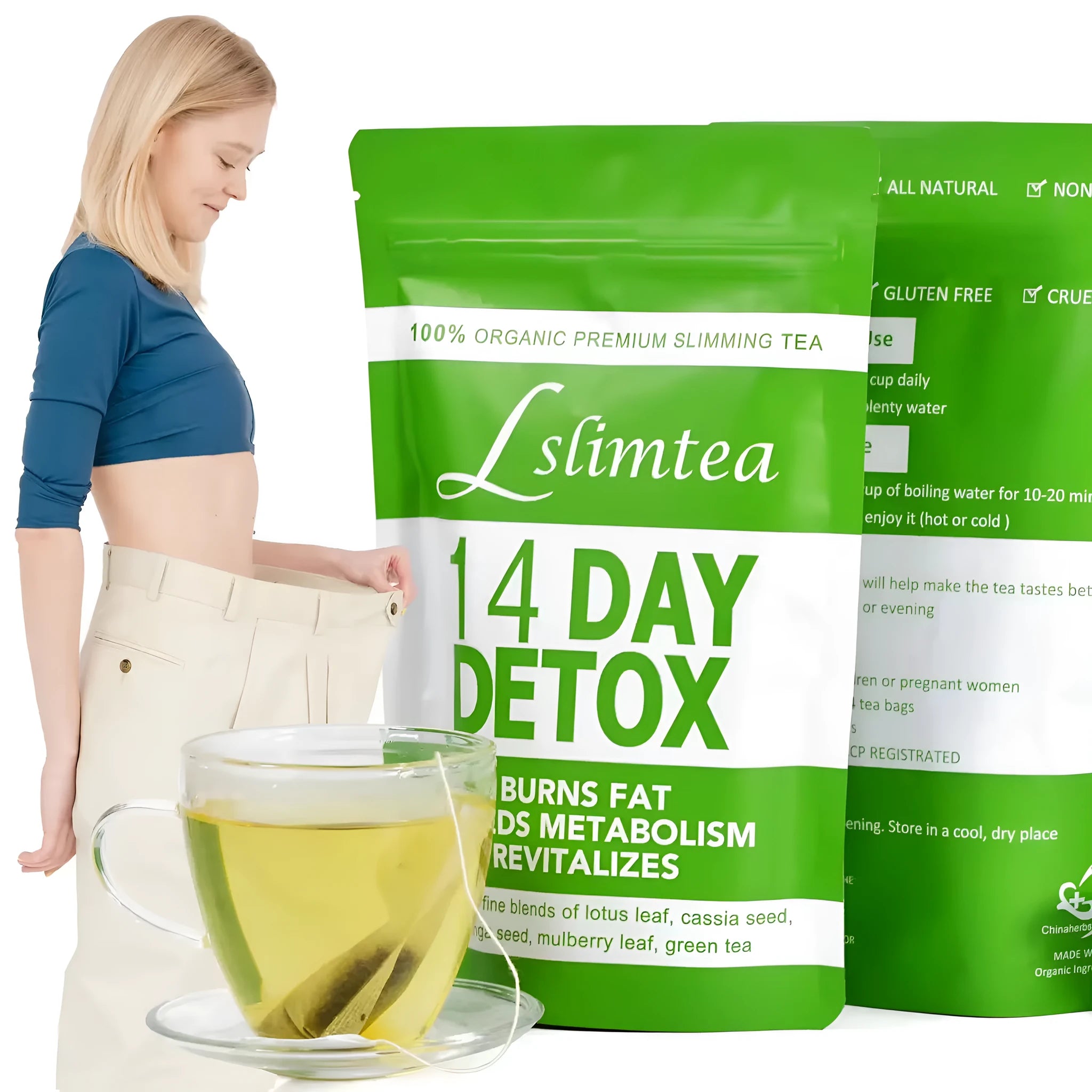14-day herbal detoxification diet tea pack with 14 individual 3g sachets of traditional Chinese herbal blend