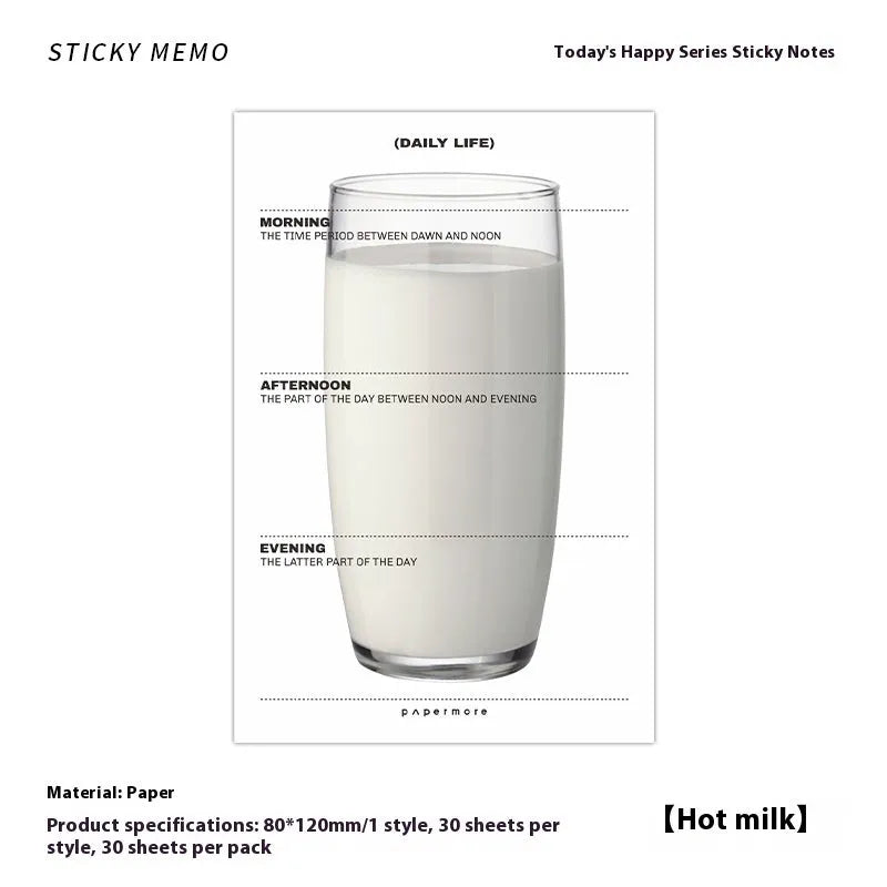 Today's Happy Series non-adhesive sticky notes pad with 30 pages of writing paper in transparent white, hot milk, toast, and bag of worries designs, size 120x80mm.