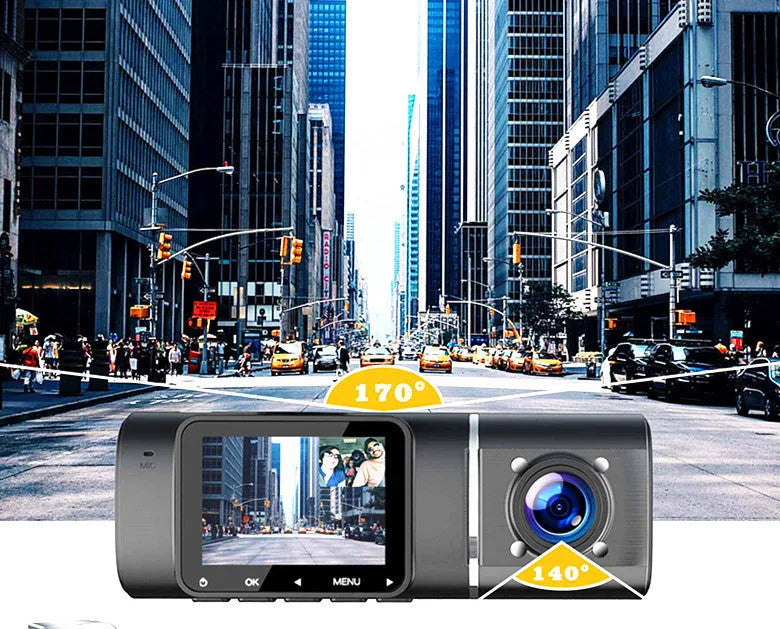 Black dashcam car camera with wide-angle lens, 1.5-inch screen, and mounting stand