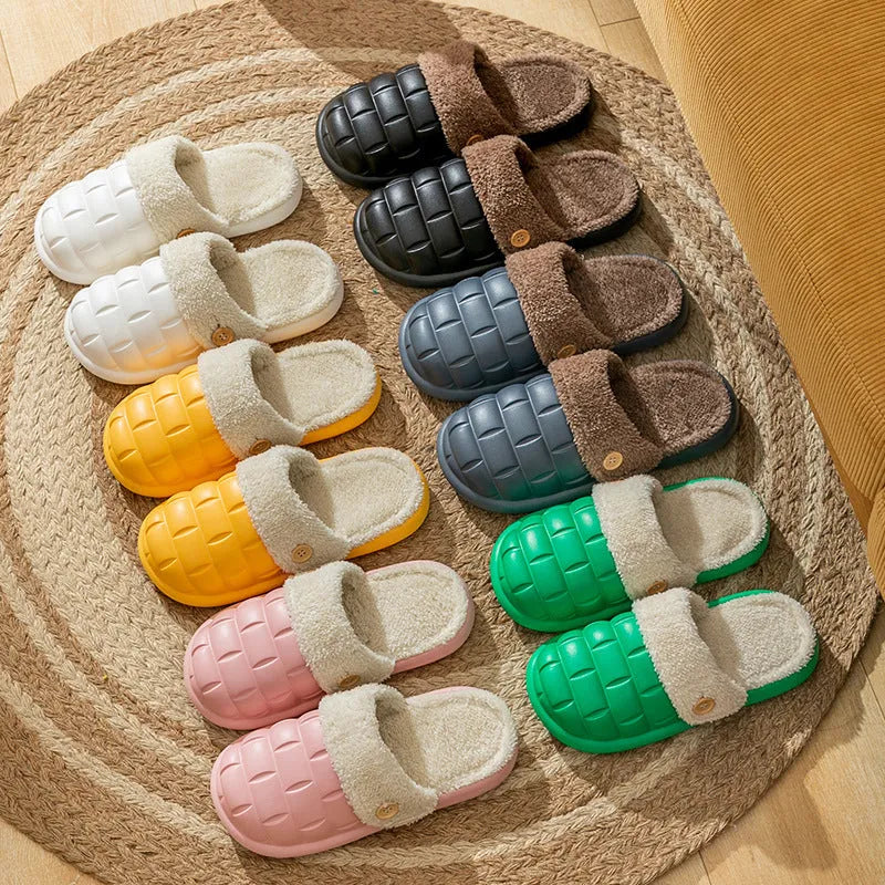 Plaid detachable slippers showing EVA construction and plush lining in pink, green, yellow, white, grey, or black.