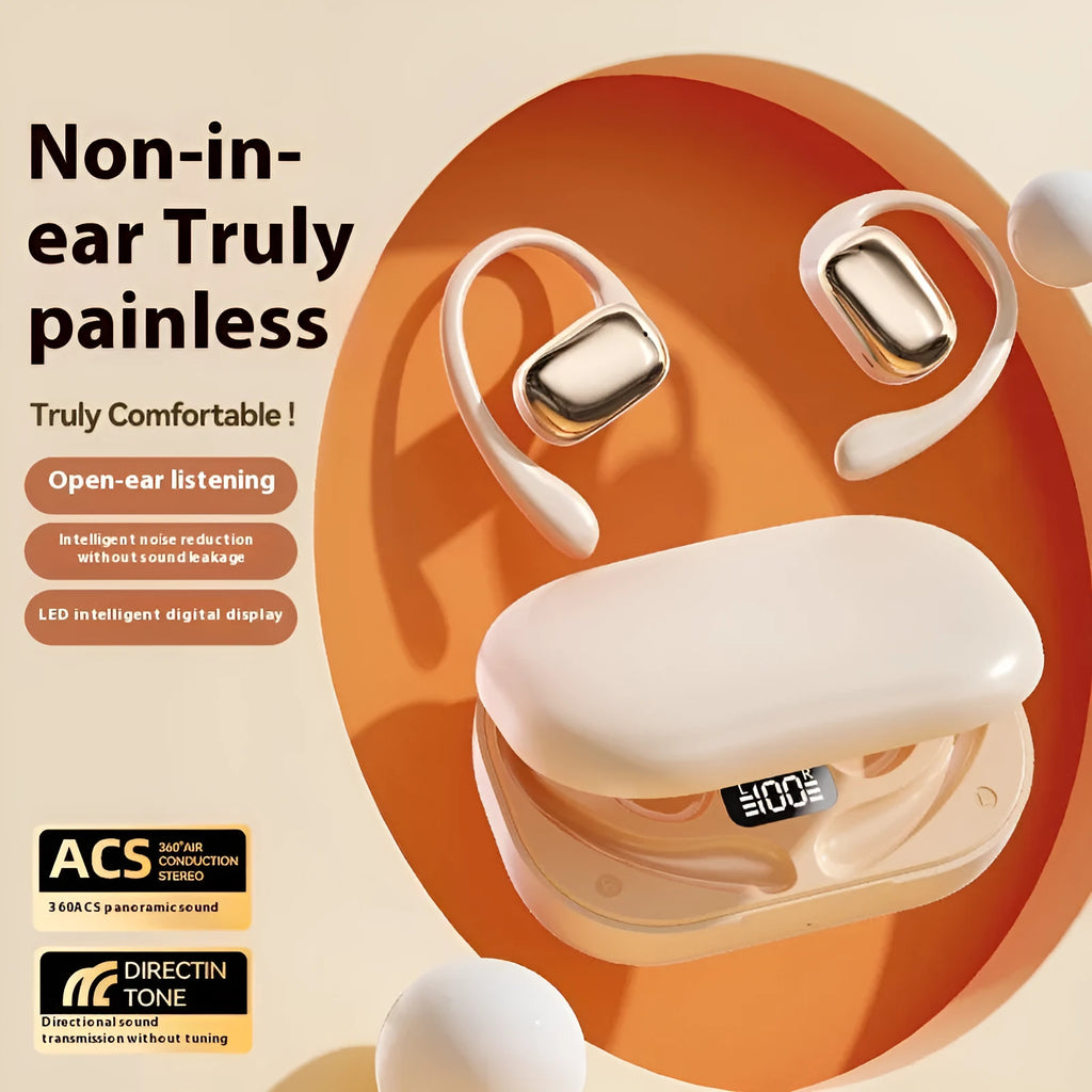 Ear-mounted headphones with digital display screen in black, skin colour, or white colours