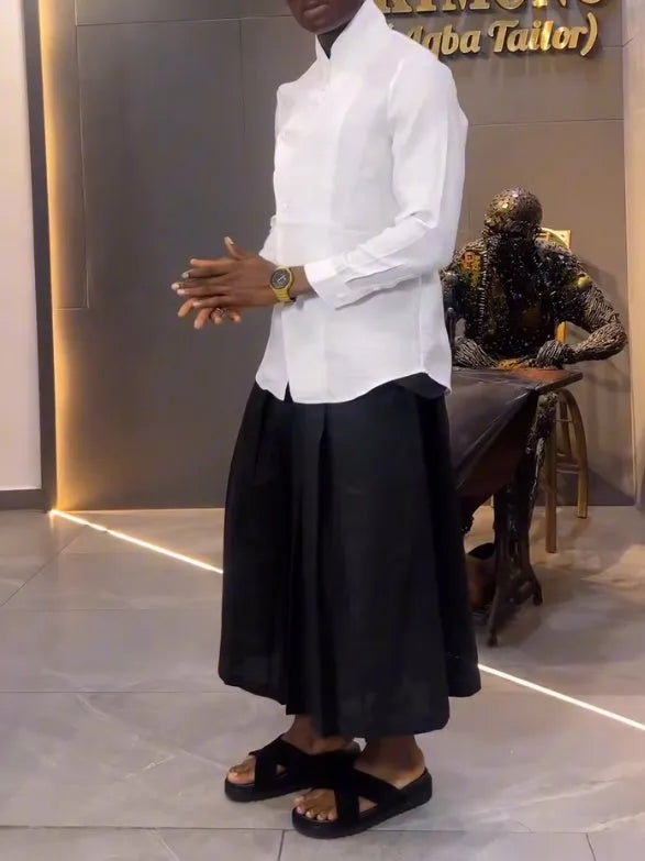 White asymmetric front shirt with black pleated pants women's co-ord set