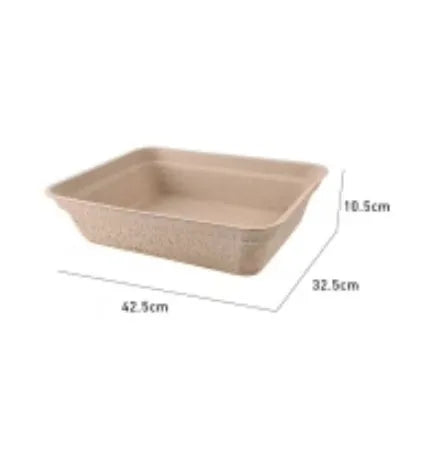 Brown biodegradable disposable cat litter box showing three size options.