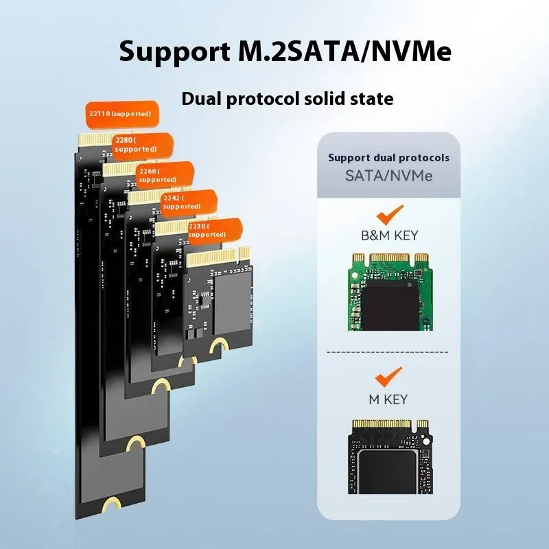 Black external hard disk enclosure for NVME SSDs with Type-C port and fixed design
