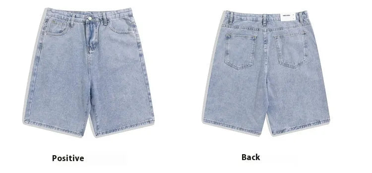 Men's straight-leg denim shorts in light blue colour showing zipper closure and casual cut