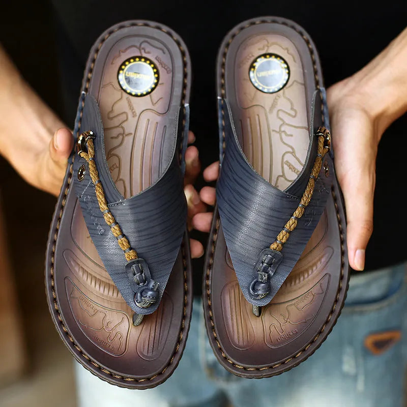 Men's herringbone patterned outdoor slippers in dark blue and khaki colours showing artificial PU upper and rubber sole