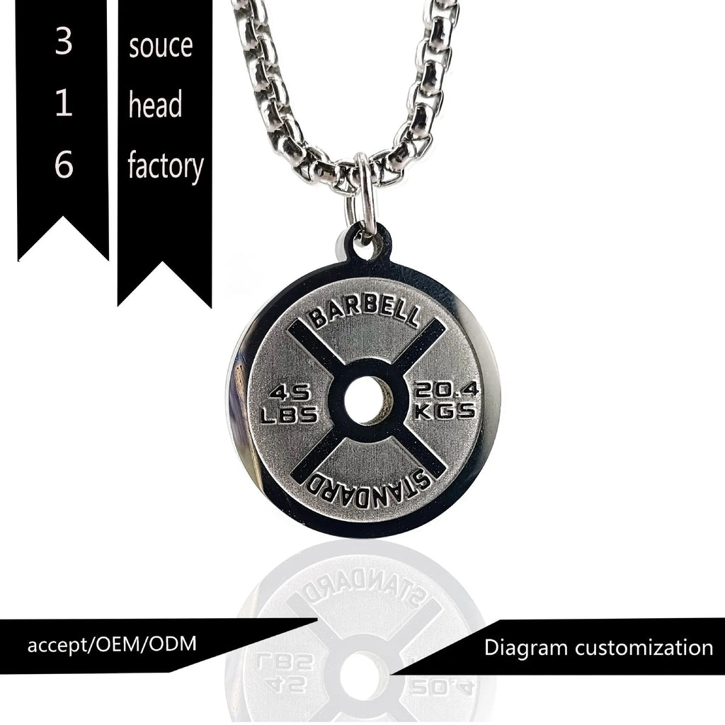 Stainless steel barbell disk pendant necklace on 60cm chain with geometric weightlifting design
