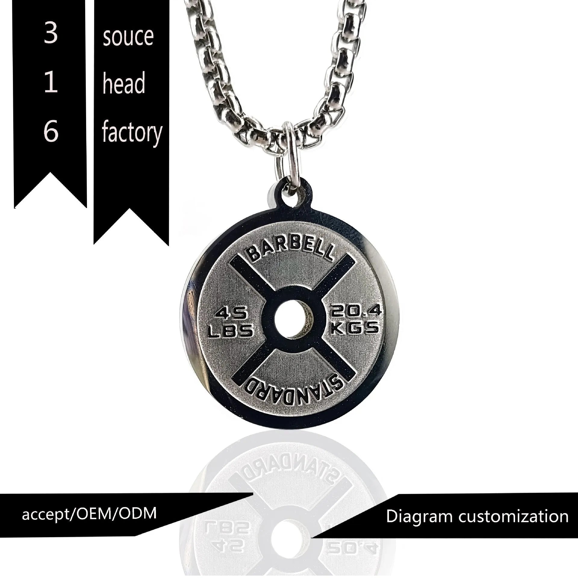Stainless steel barbell disk pendant necklace on 60cm chain with geometric weightlifting design