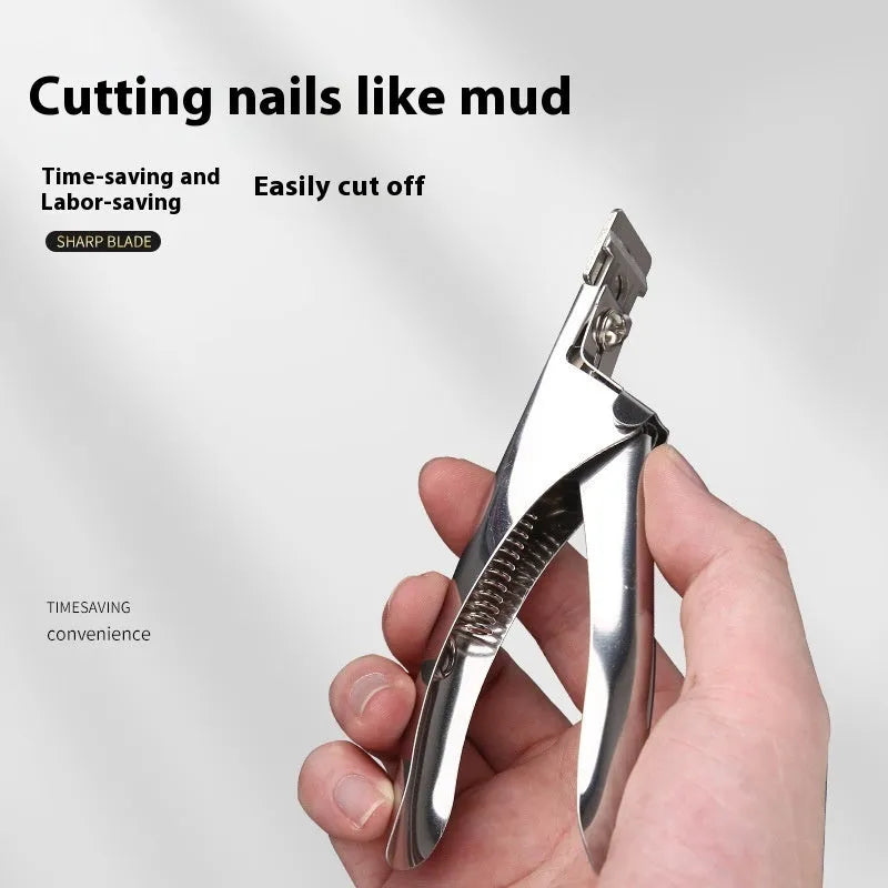 Close-up of stainless steel nail scissors with French U-shaped titanium blades, shown in electrophoresis black finish.