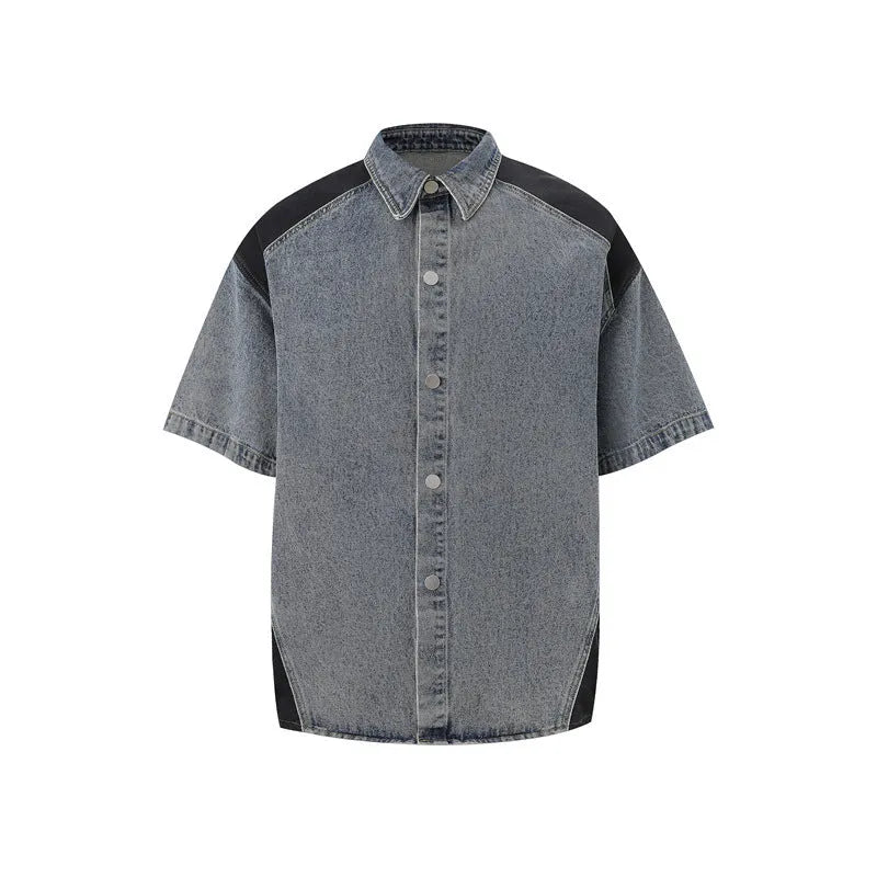 Retro washed denim short-sleeved jacket and full-length trousers suit set in black or blue
