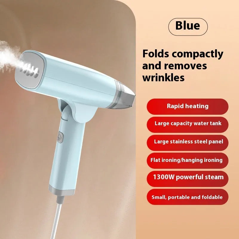 Blue handheld garment steamer with mechanical controls and hanging function
