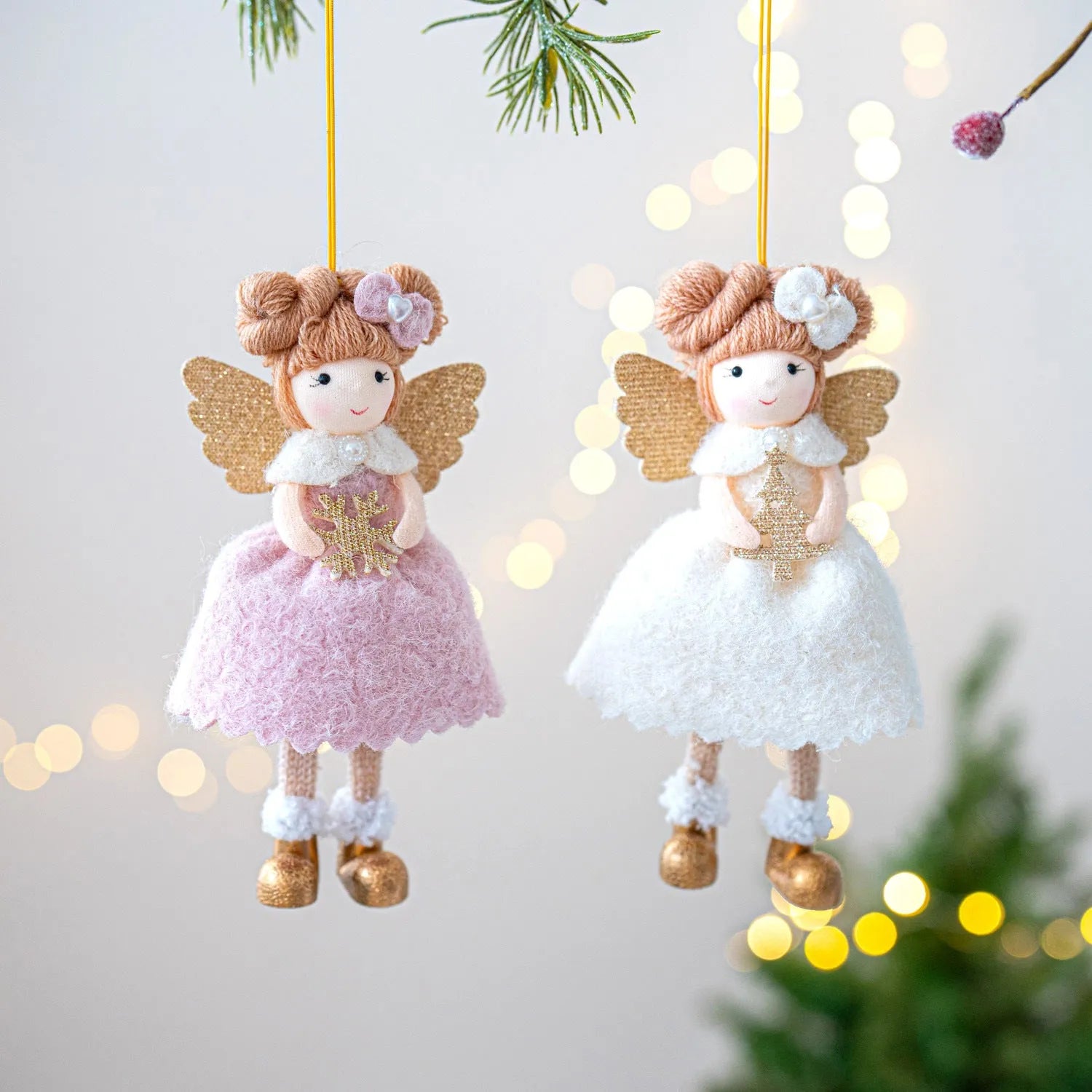 Pink and white cloth Christmas angel wings plush pendant ornament with modern simplicity design