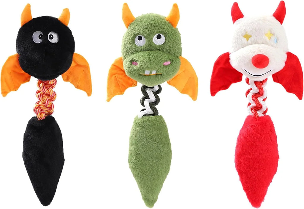 Large black plush dog toy with cartoon design, a rope knot, and a squeaker for chew play.
