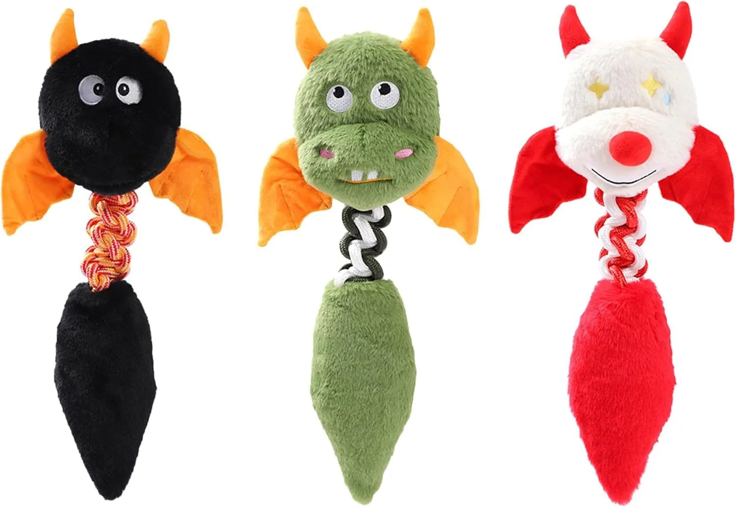 Large black plush dog toy with cartoon design, a rope knot, and a squeaker for chew play.
