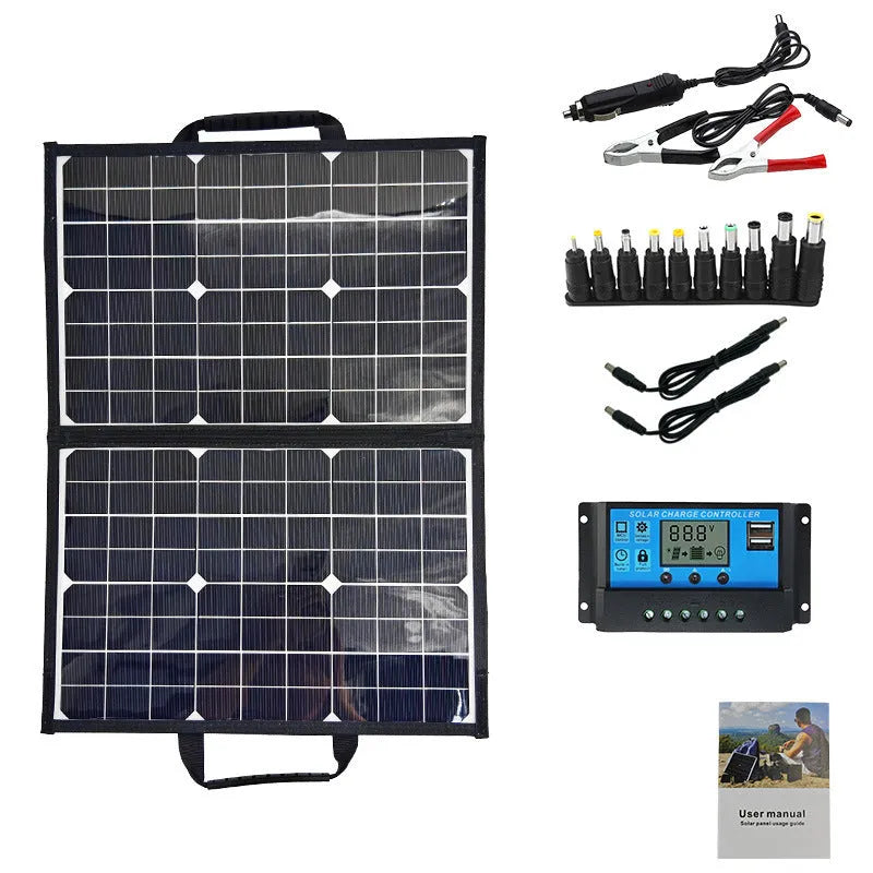 Black 40W single crystal solar panel inside a folded portable bag for outdoor charging
