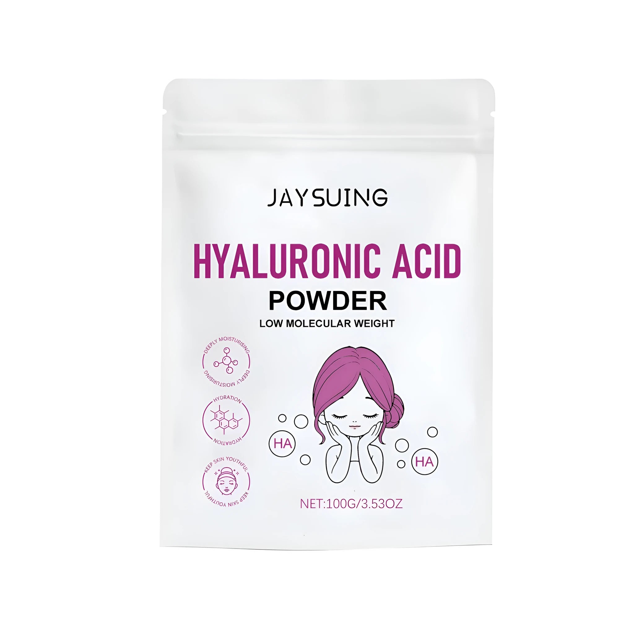 100g hyaluronic acid powder dry formula for DIY facial masks in a container.