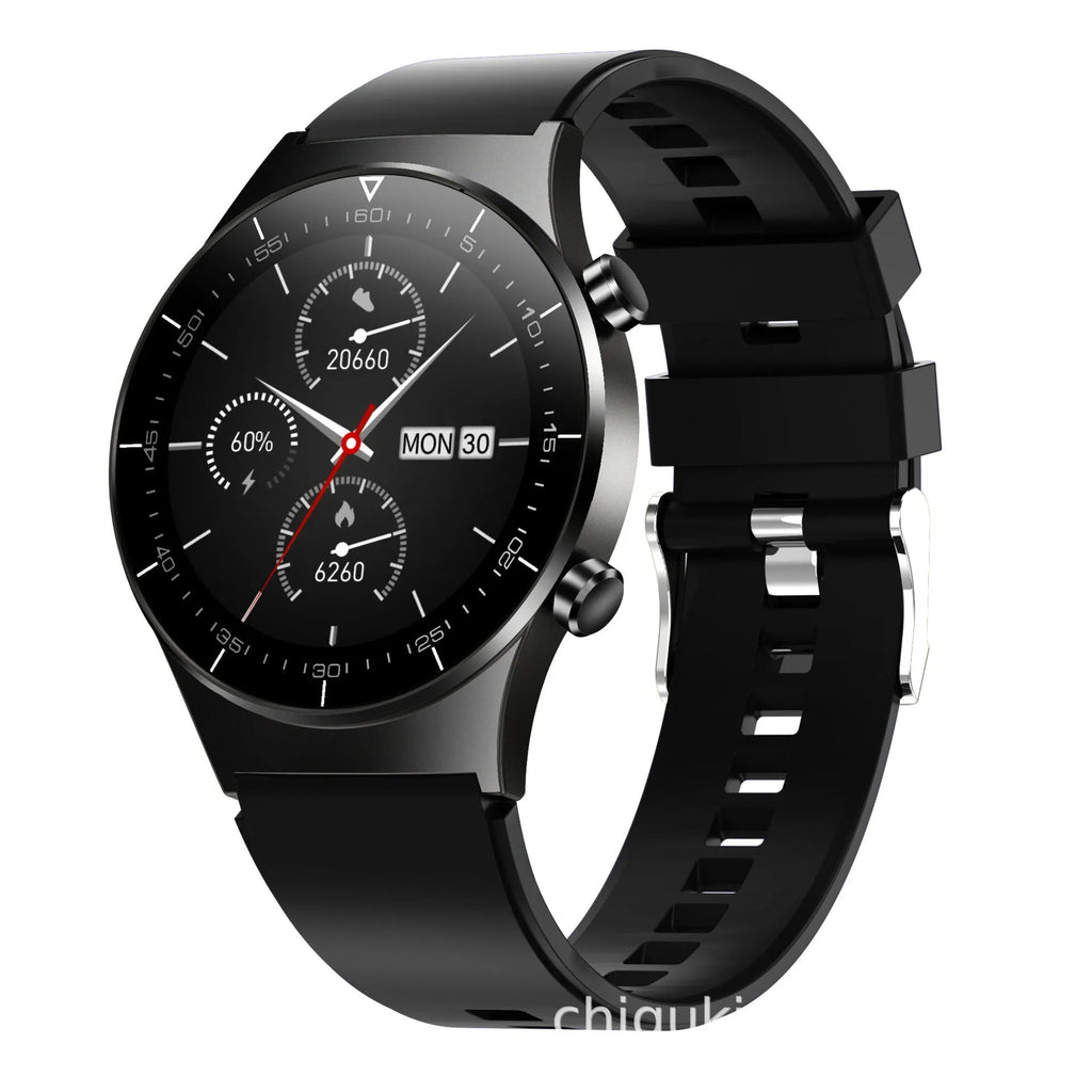 Black smart watch with 1.3 inch touchscreen displaying heart rate and blood pressure readings