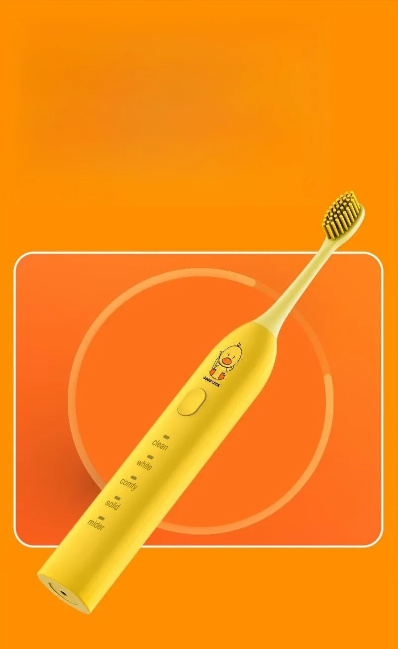 Small yellow duck USB rechargeable electric toothbrush with soft bristles in yellow colour