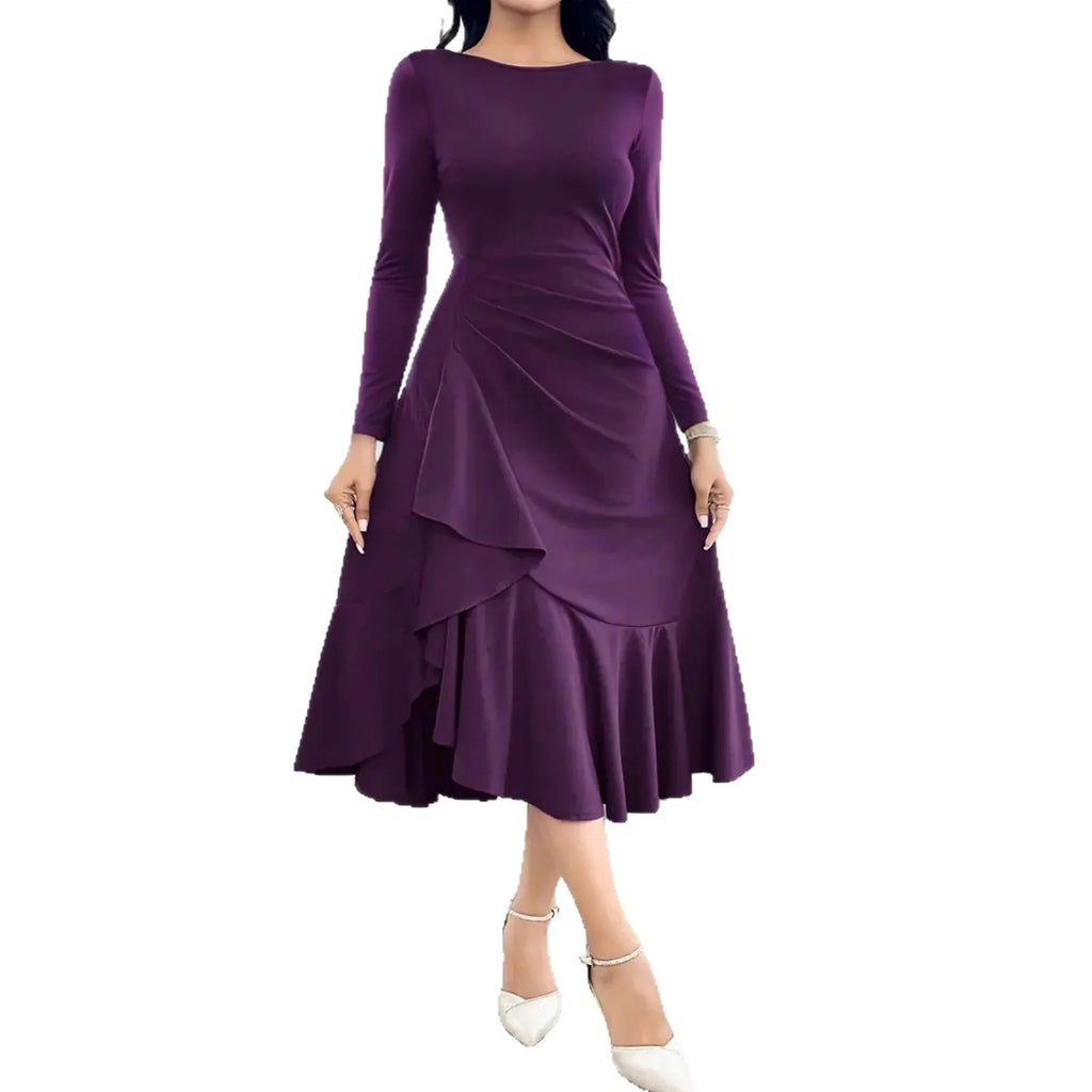 Purple women's long sleeve pullover dress with round neck and ruffle details on a mid waist.