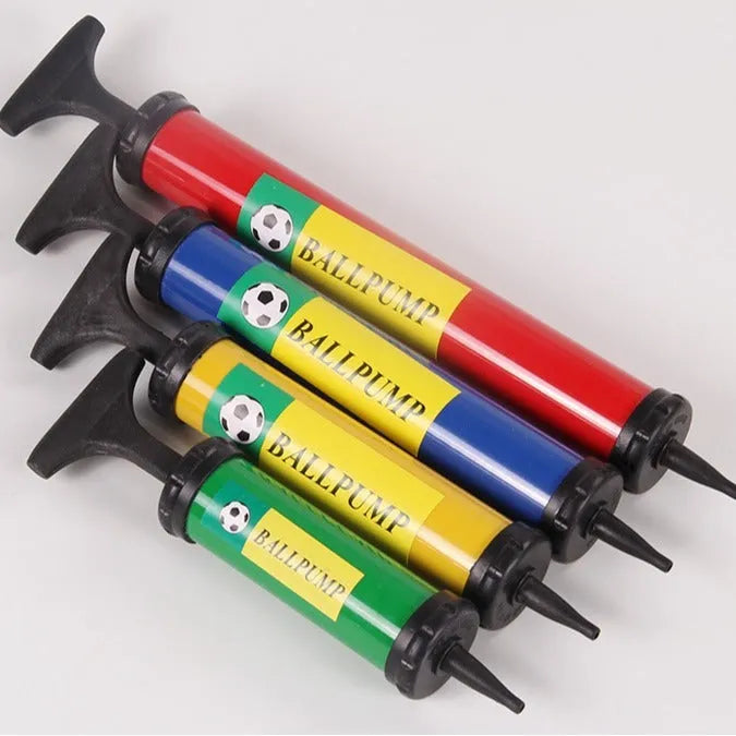 Manual plastic hand pump for balls and balloons in mixed colours showing four size options