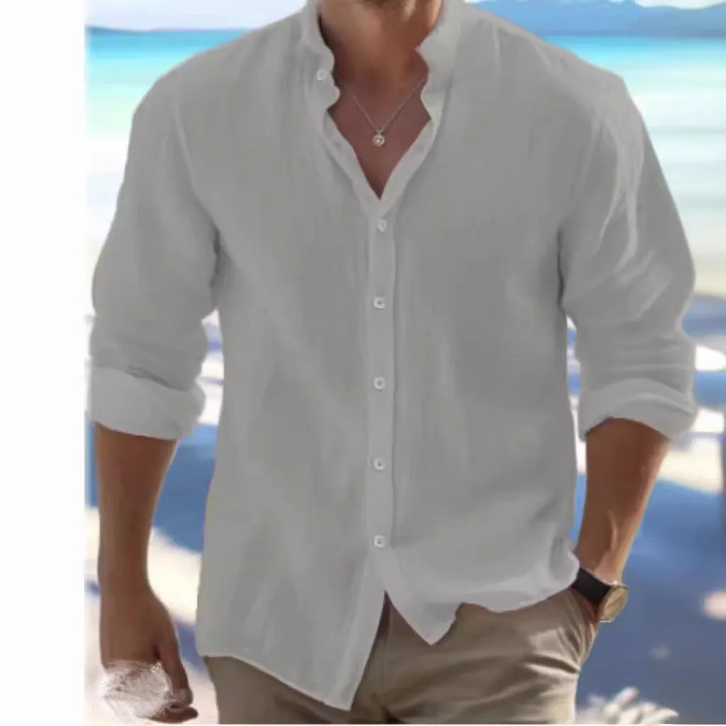 Men's light grey long-staple cotton pullover shirt on a hanger