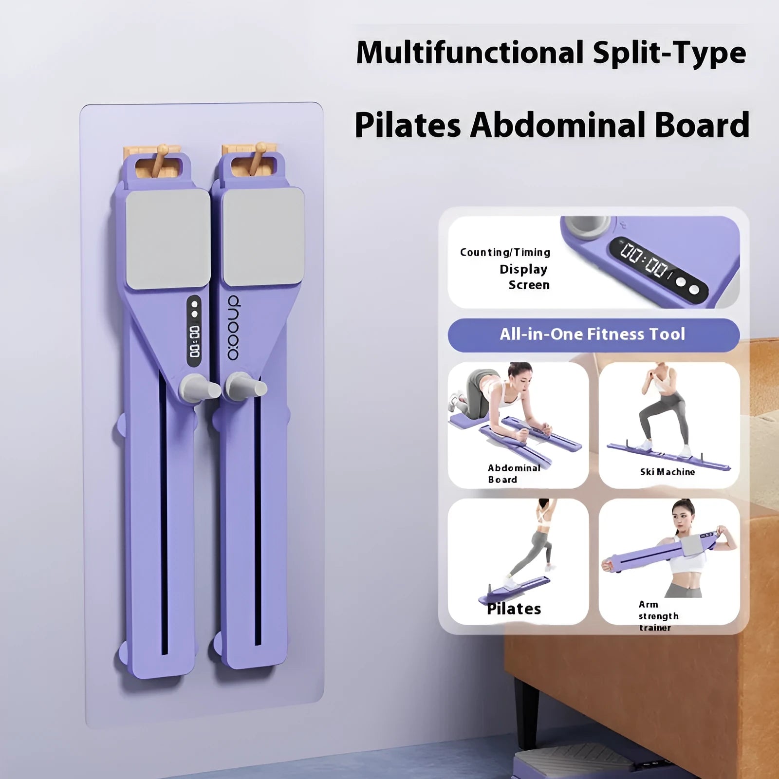 Split multifunctional skiing machine trainer in purple colour with 85cm supine board