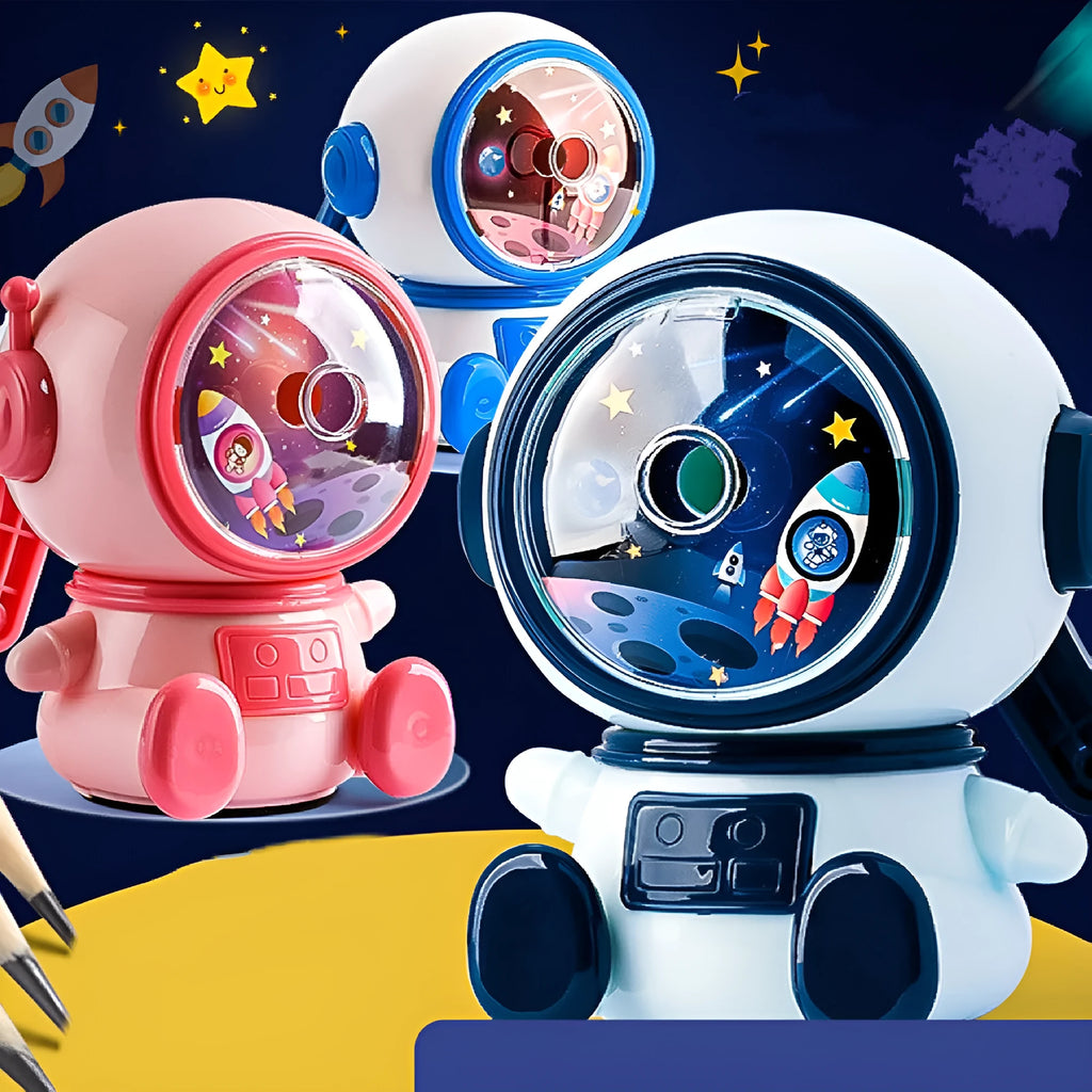 Astronaut-themed manual pencil sharpener in blue or pink with adjustable three-level system