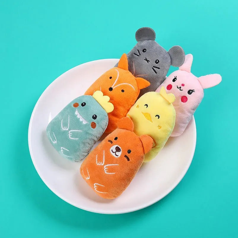Compact plush catnip toy for teeth grinding and chewing, shown in one of six colour options