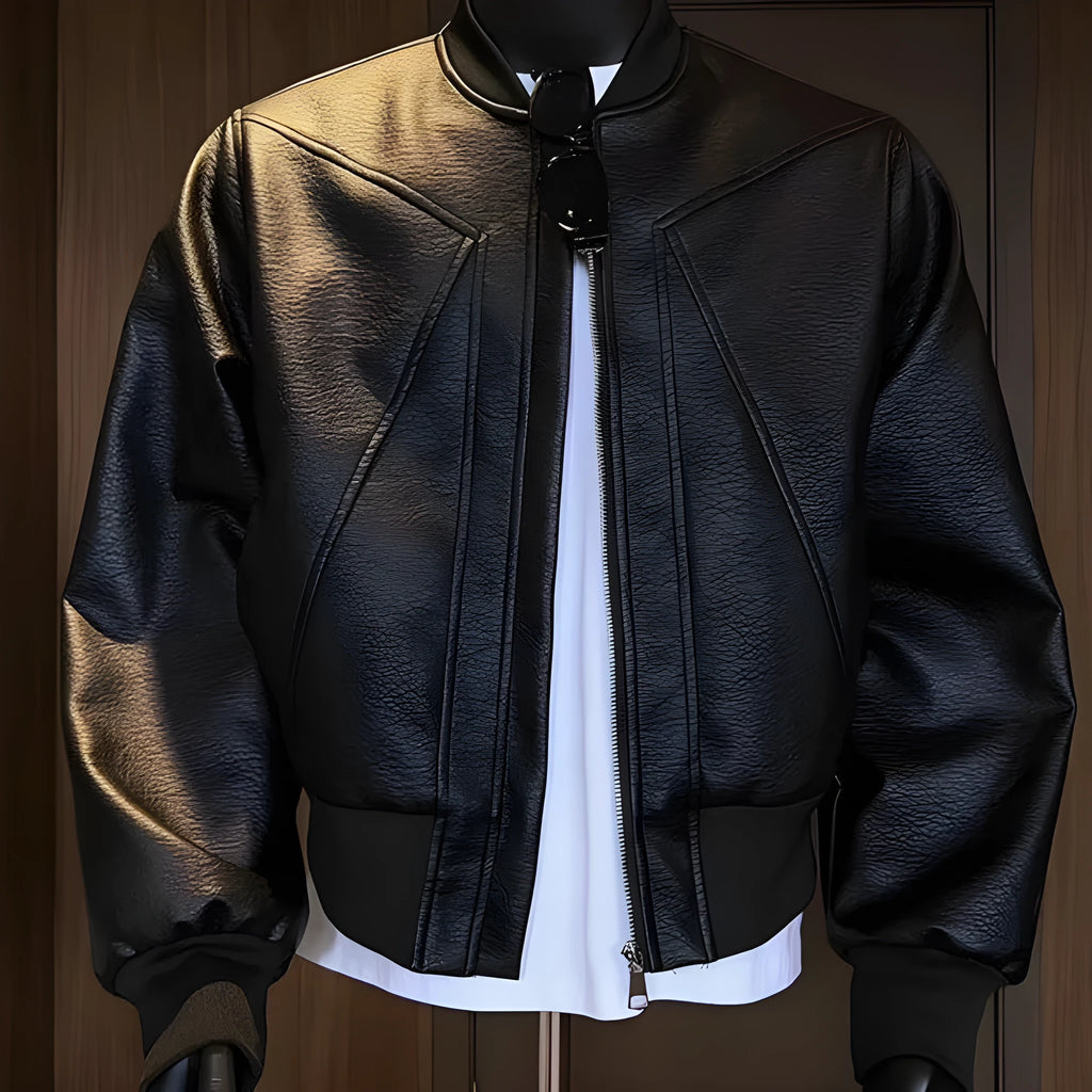 Men's extended length black PU leather jacket with litchi texture finish and business styling