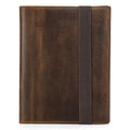 Brown Crazy Horse leather protective sleeve for an A5 paper notebook.