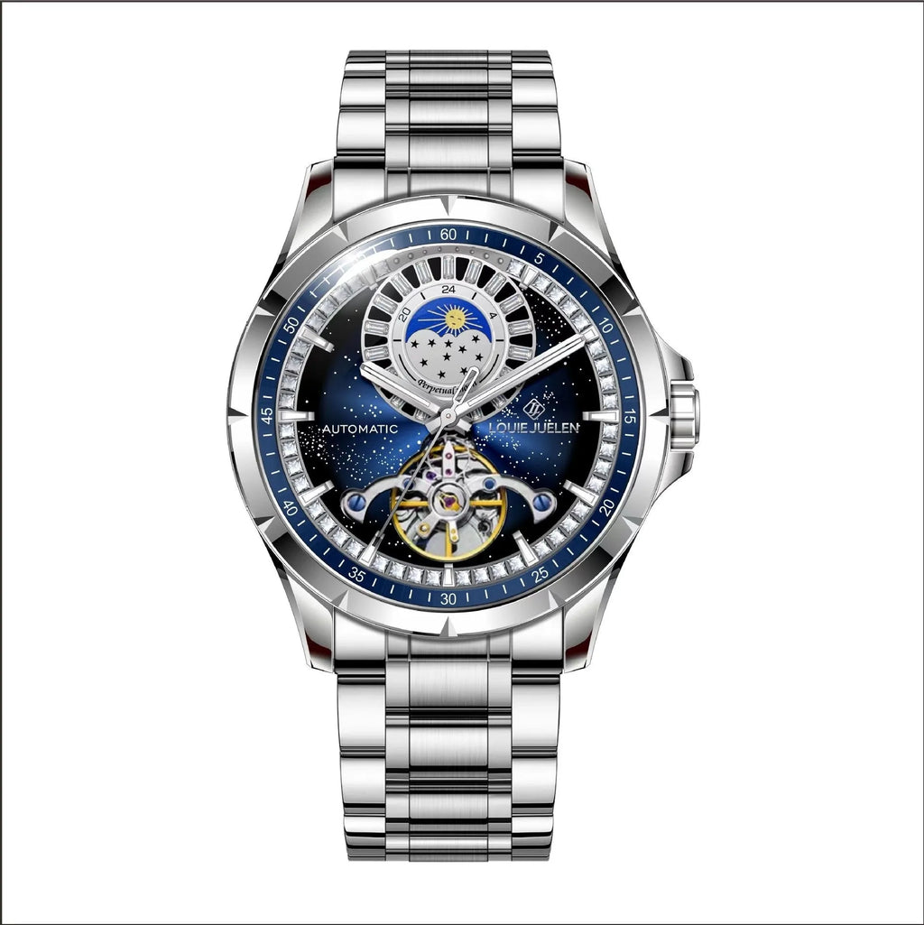 Men's silver alloy automatic mechanical watch with blue dial and stainless steel bracelet