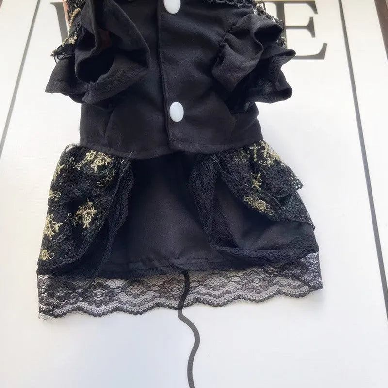 Golden gothic lolita-style skirt costume on a small dog, showing princess design.