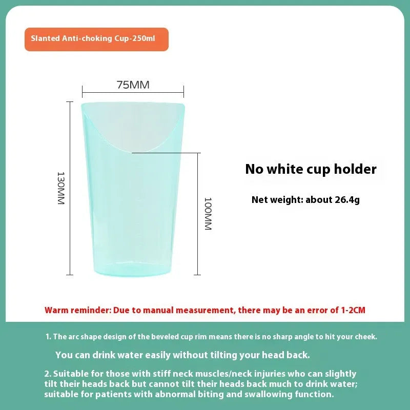 Adult bedside drinking cup with angled choke-proof mouth, handle, and lid, shown in care setting.