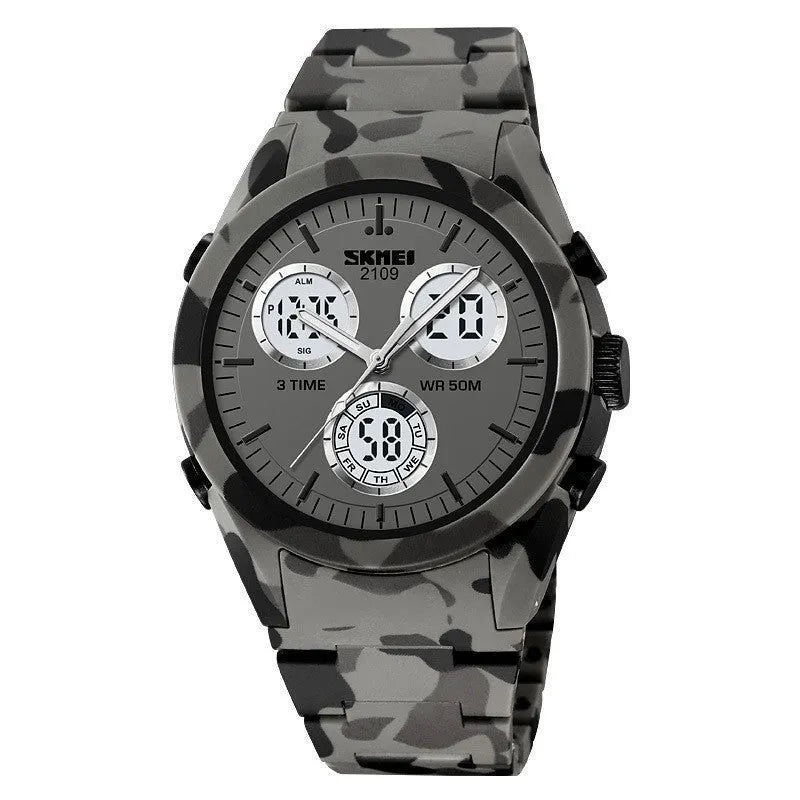 Electronic casual watch with camouflage pattern, resin mirror, and TPU strap showing 50m waterproof rating
