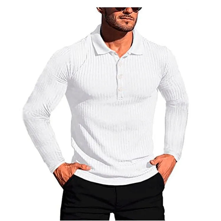 Man wearing a loose-fitting, striped, short-sleeve polyester shirt in a neutral colour.