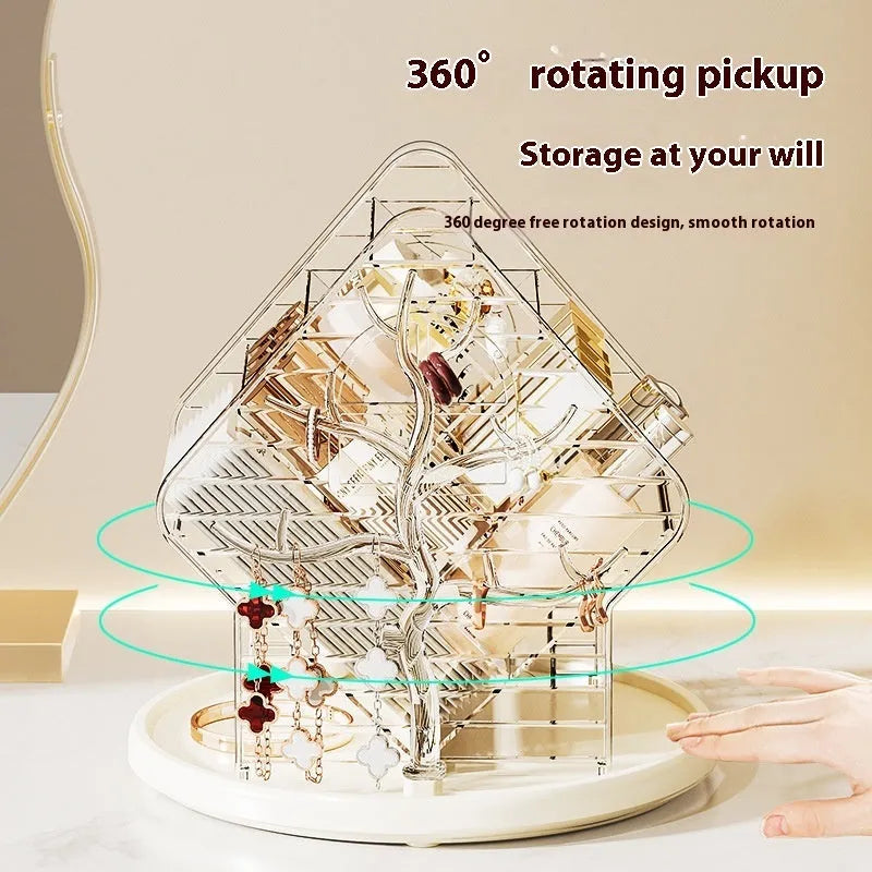 Rotating multi-tiered cosmetics storage box in clear transparent plastic on a wooden surface.