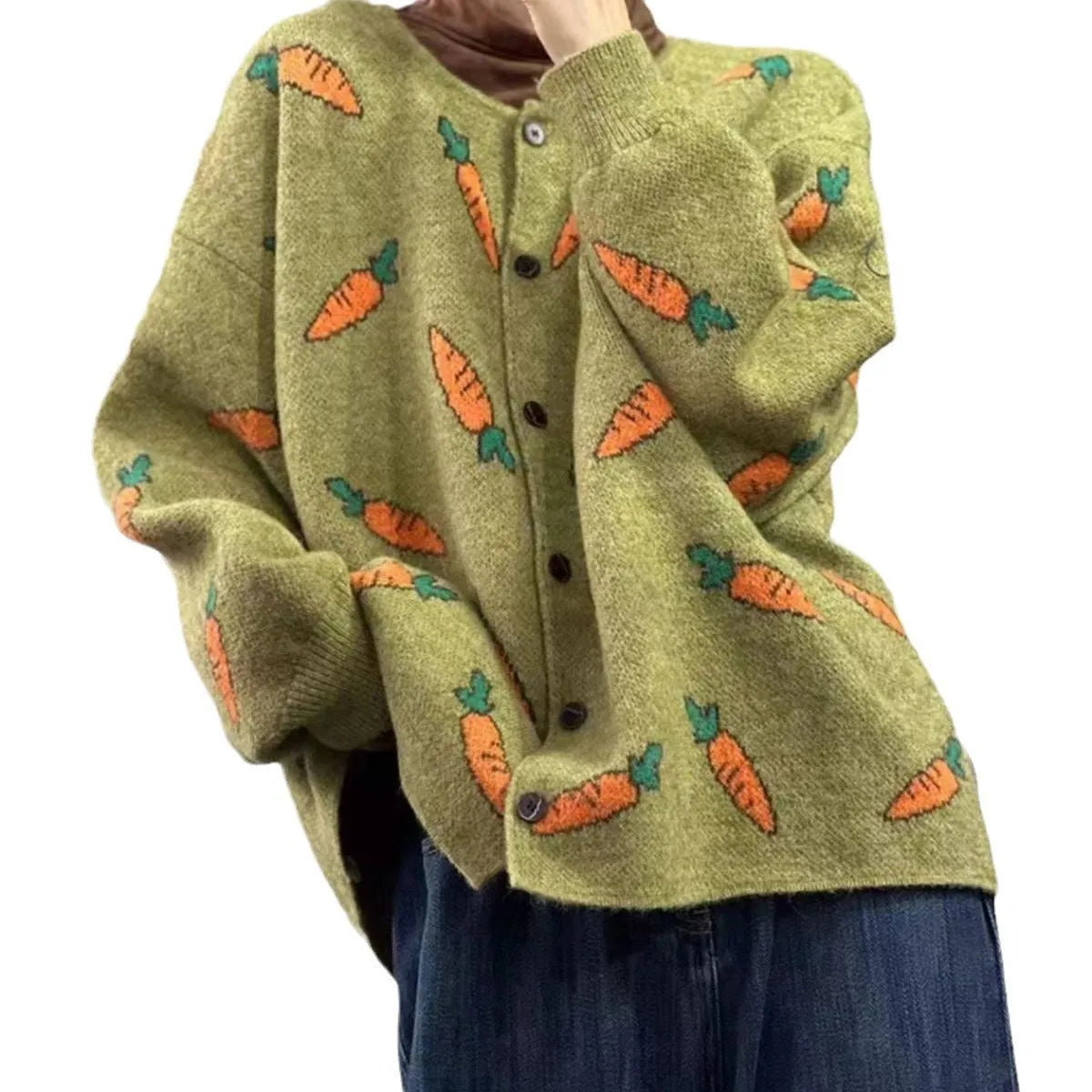 Loose viscose cardigan sweater with mori artistic printing in colour contrast pattern, round neck and regular sleeves