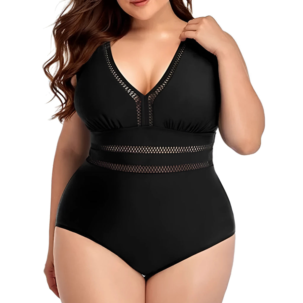 Plus-size black printed bikini swimsuit with mesh stitching on polyester fabric