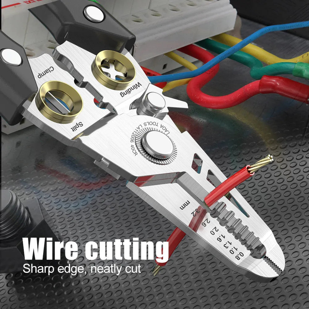 Stainless steel 7-in-1 wire stripper with straight handle and seven precision ports from 0.8mm to 3.2mm