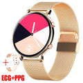 Black Bluetooth smartwatch with stainless steel strap on a wrist, displaying heart rate data on screen.