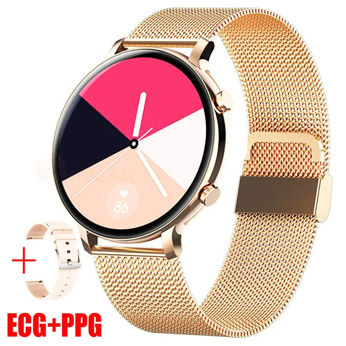 Black Bluetooth smartwatch with stainless steel strap on a wrist, displaying heart rate data on screen.