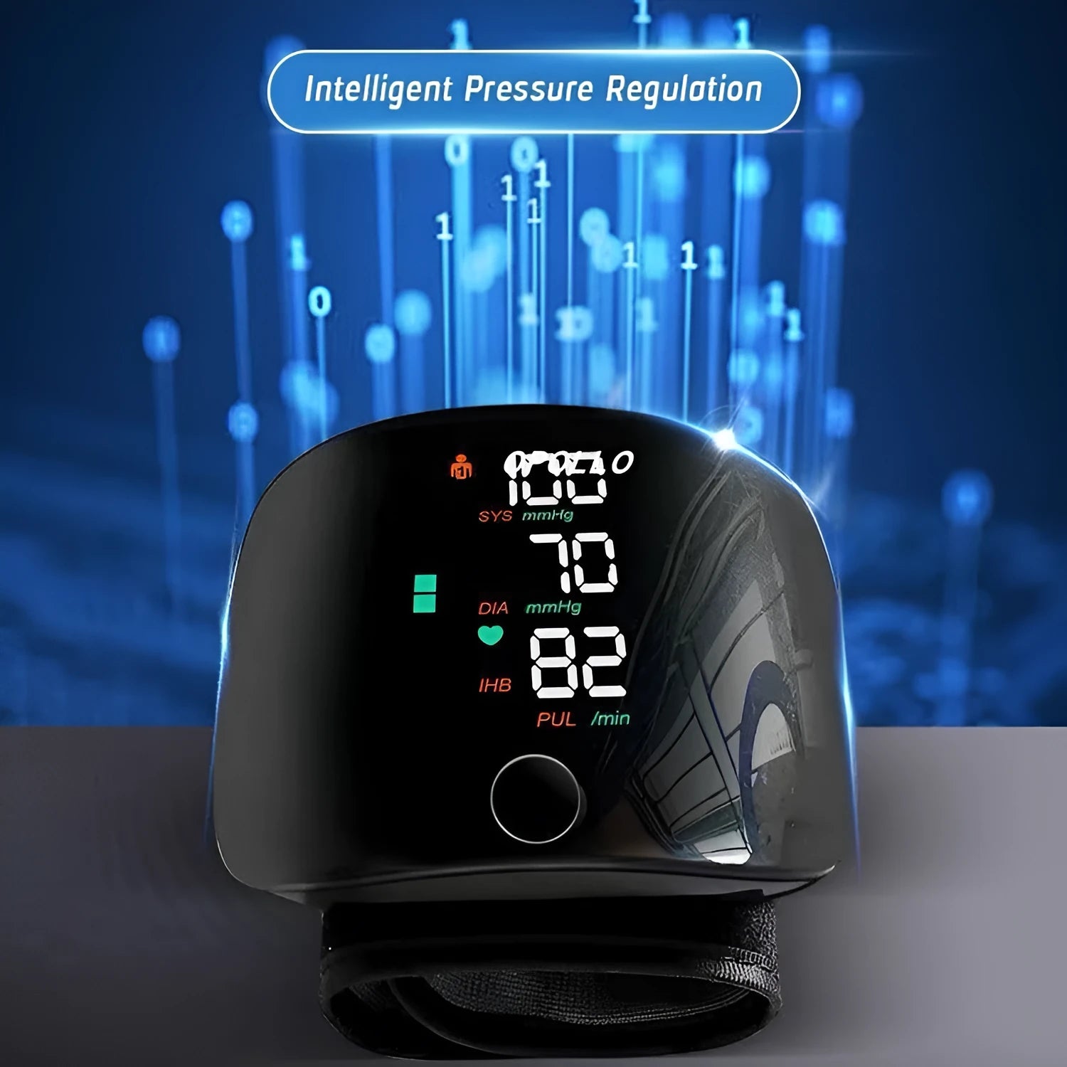 Black digital wrist blood pressure monitor with USB recharge port and display
