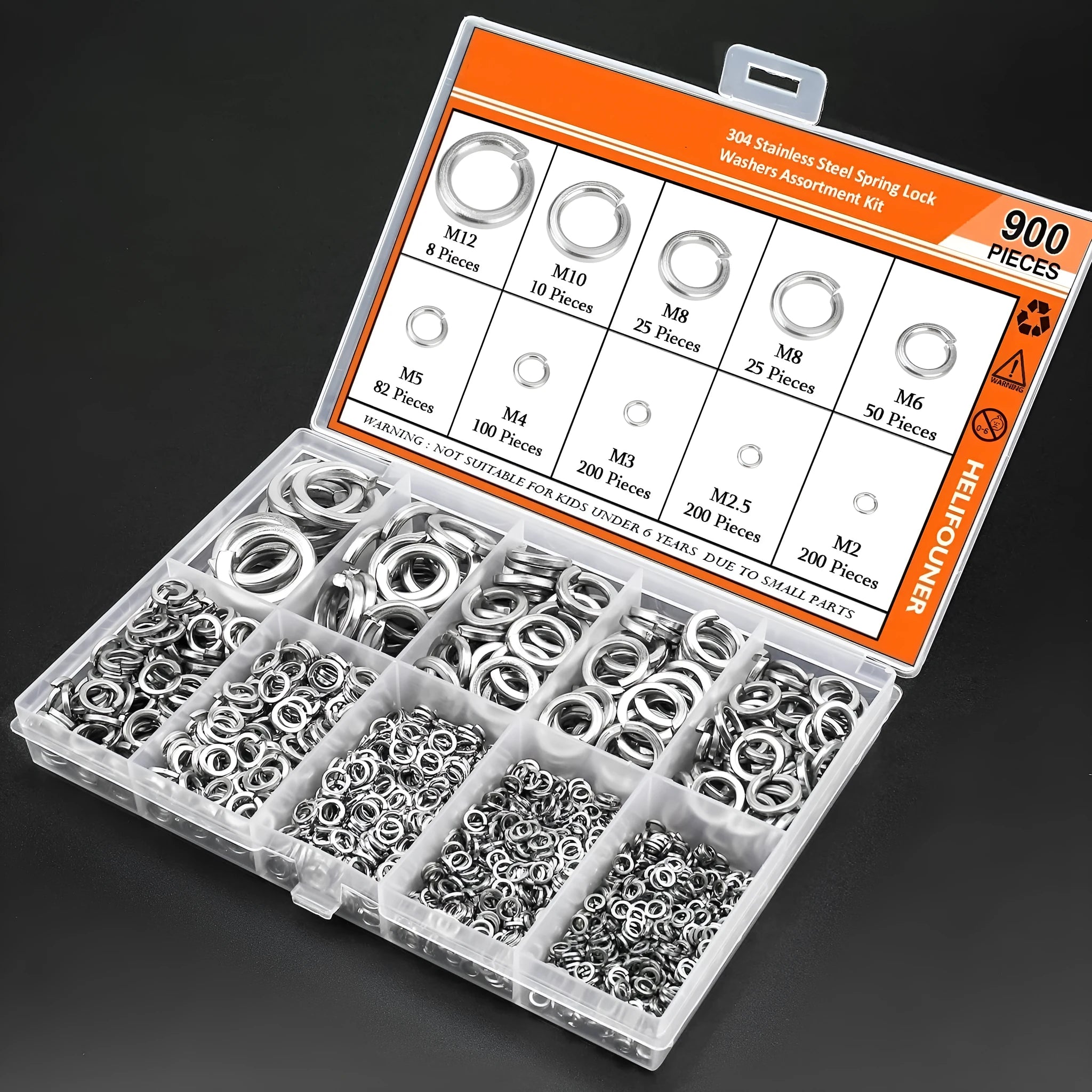 304 stainless steel spring lock washer combination box containing 900 pieces with gasket tool for M2 to M12 screw diameters